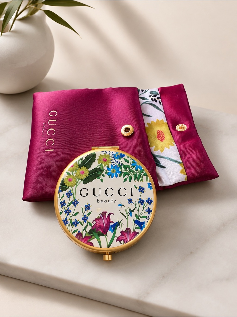 Gucci Floral Enamel Compact with Magenta Satin Pouch